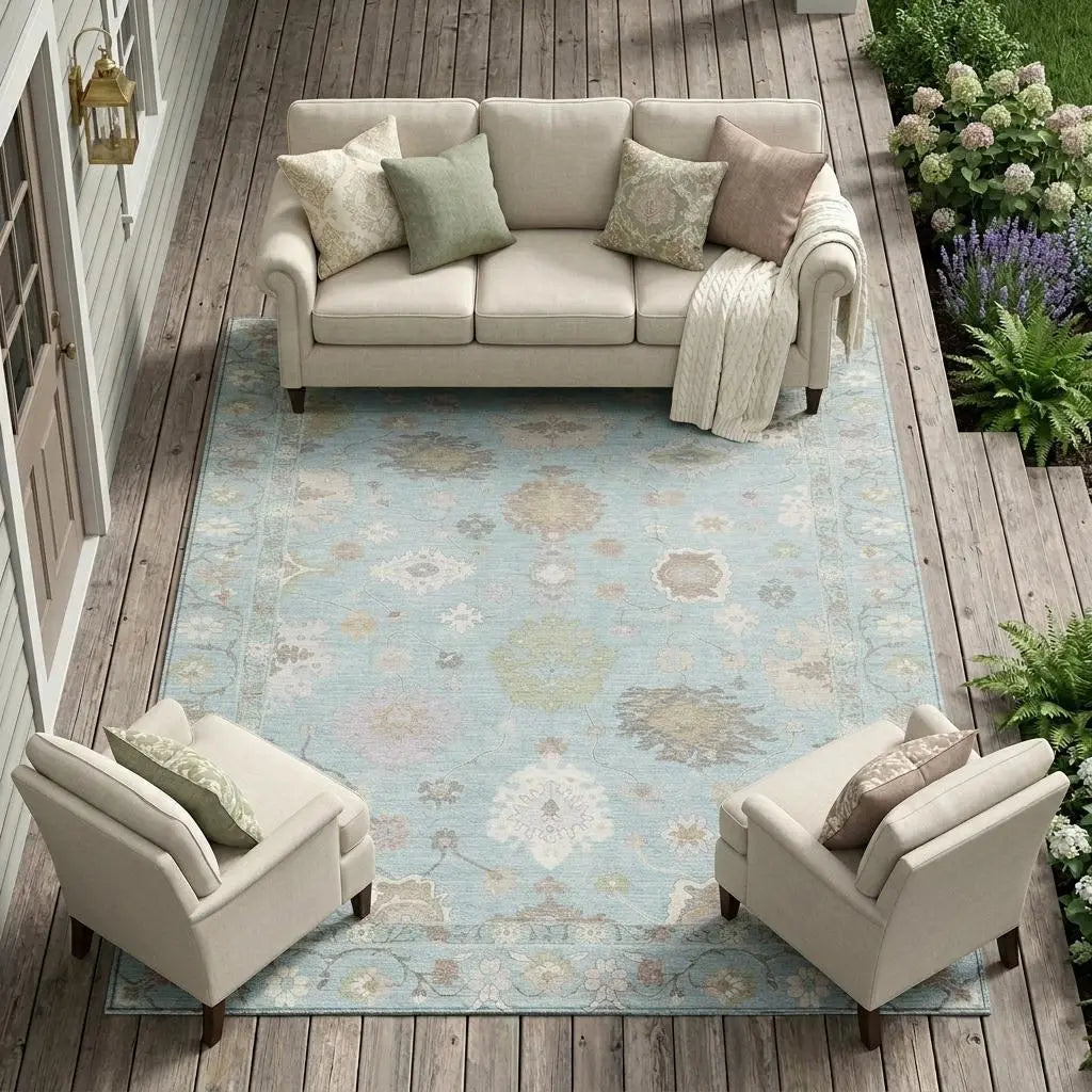 9' X 12' Sky Blue And Copper Oriental Washable Indoor Outdoor Area Rug Homeroots Outdoor
