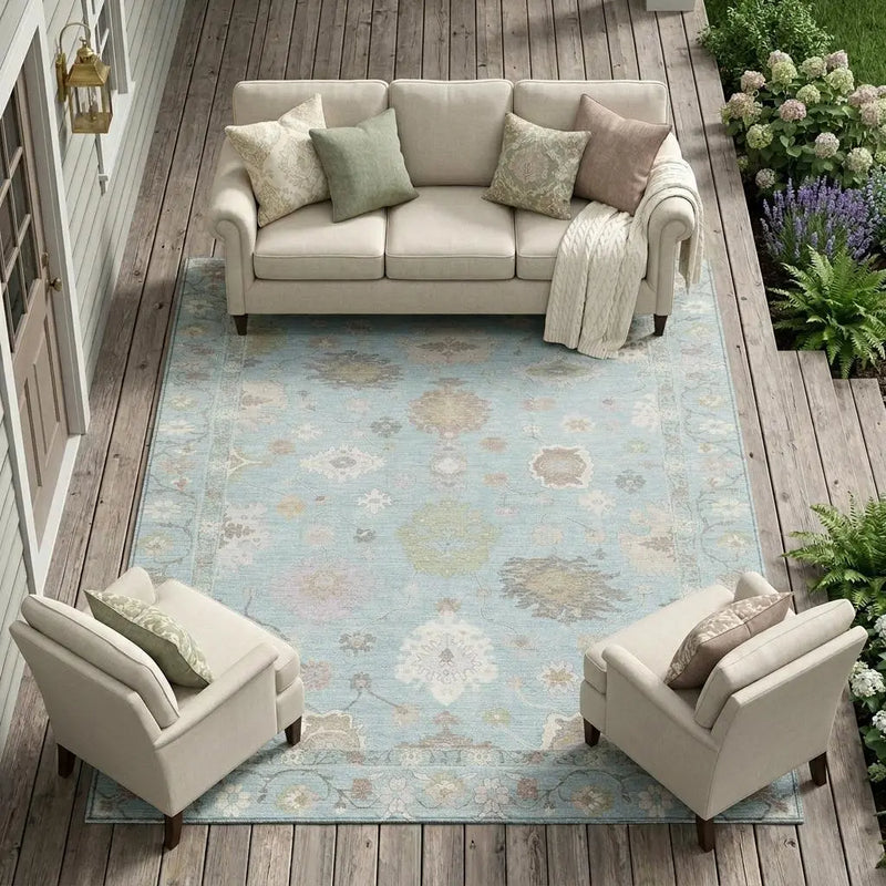 9' X 12' Sky Blue And Copper Oriental Washable Indoor Outdoor Area Rug Homeroots Outdoor