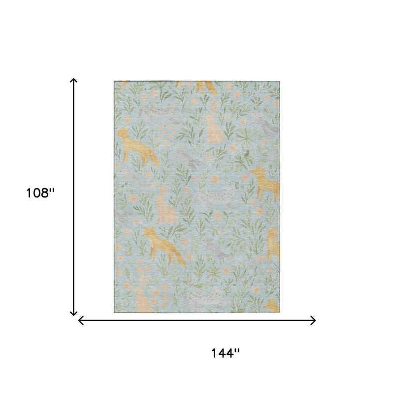 9' X 12' Sky Blue And Green Botanical Leaves Washable Indoor Outdoor Area Rug Homeroots Outdoor
