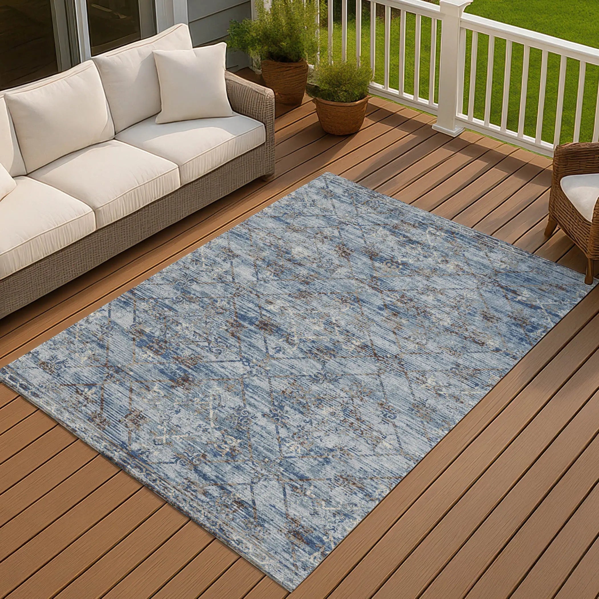 9' X 12' Sky Blue And Ivory Geometric Washable Indoor Outdoor Area Rug Homeroots Outdoor