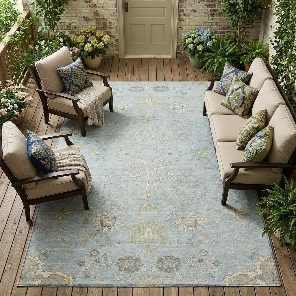 9' X 12' Sky Blue And Ivory Oriental Washable Indoor Outdoor Area Rug Homeroots Outdoor