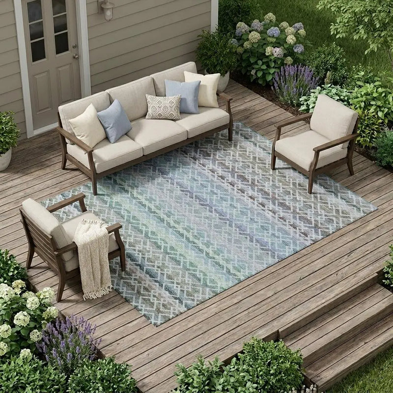 9' X 12' Sky Blue And Ivory Striped Washable Indoor Outdoor Area Rug Homeroots Outdoor