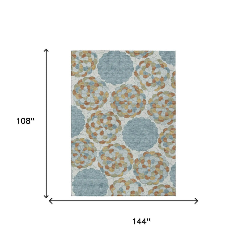 9' X 12' Sky Blue And Orange Floral Washable Indoor Outdoor Area Rug Homeroots Outdoor