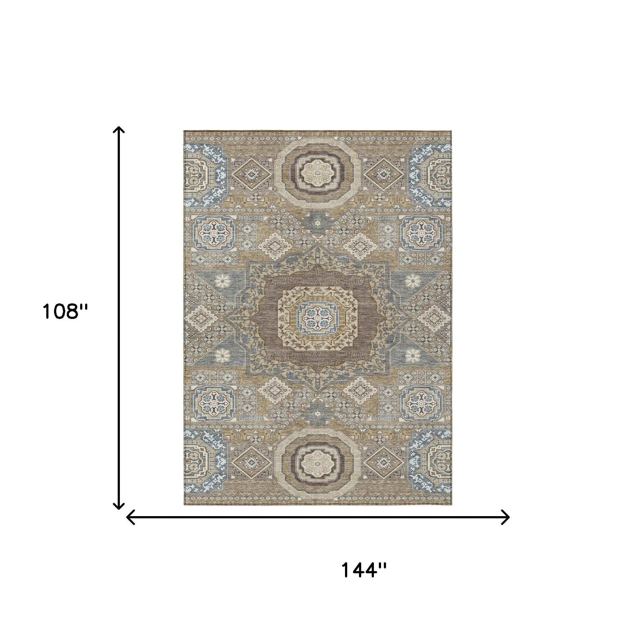 9' X 12' Taupe And Beige Oriental Washable Indoor Outdoor Area Rug Homeroots Outdoor