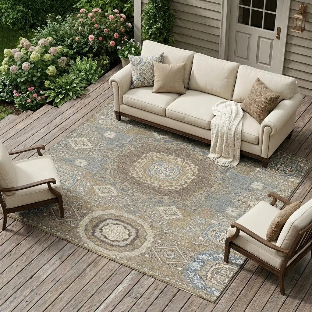 9' X 12' Taupe And Beige Oriental Washable Indoor Outdoor Area Rug Homeroots Outdoor