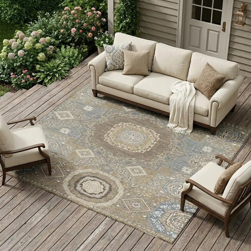9' X 12' Taupe And Beige Oriental Washable Indoor Outdoor Area Rug Homeroots Outdoor
