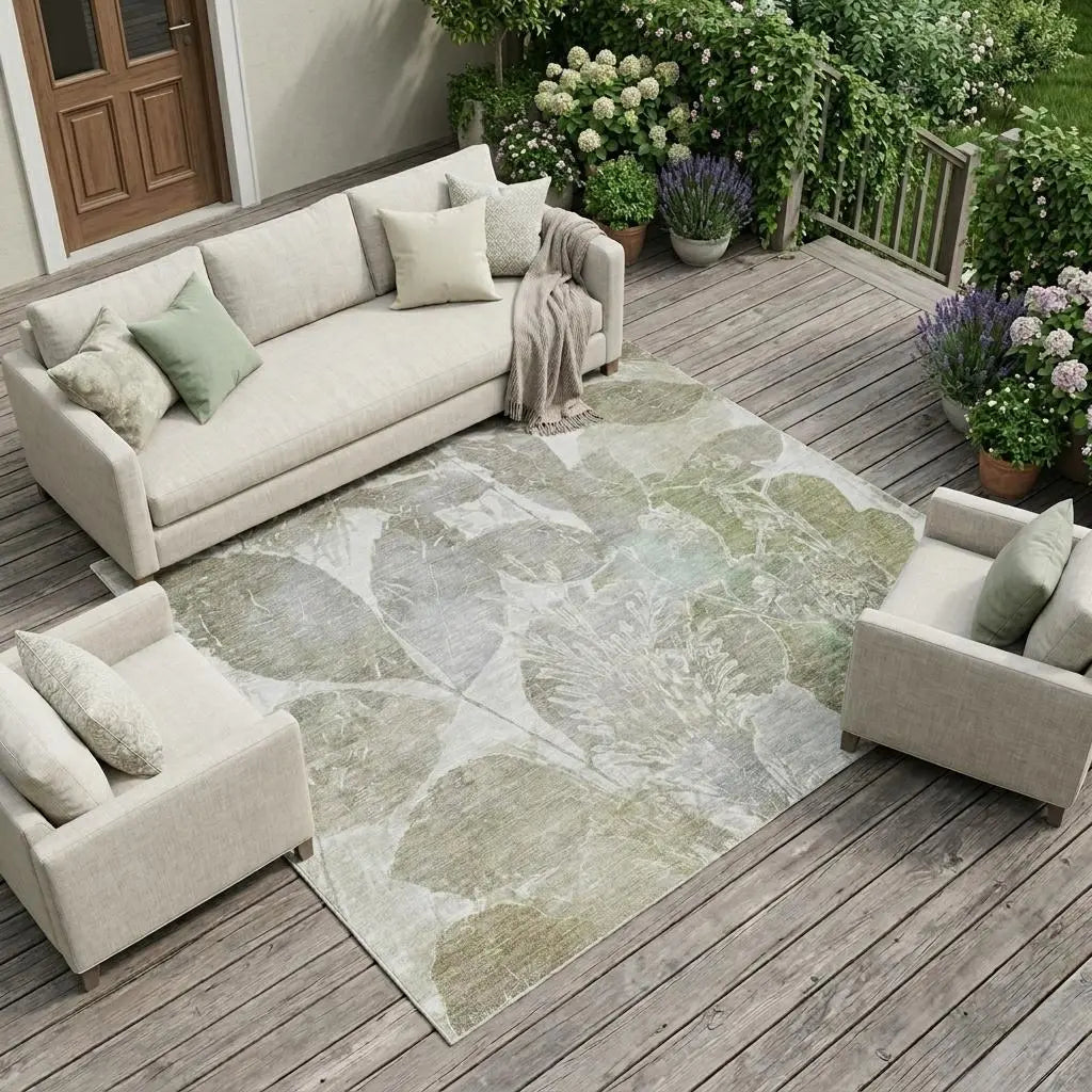9' X 12' Taupe And Brown Botanical Leaves Washable Indoor Outdoor Area Rug Homeroots Outdoor
