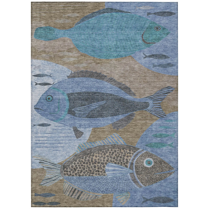 9' X 12' Taupe And Denim Blue Tropical Fish Washable Indoor Outdoor Area Rug Homeroots Outdoor