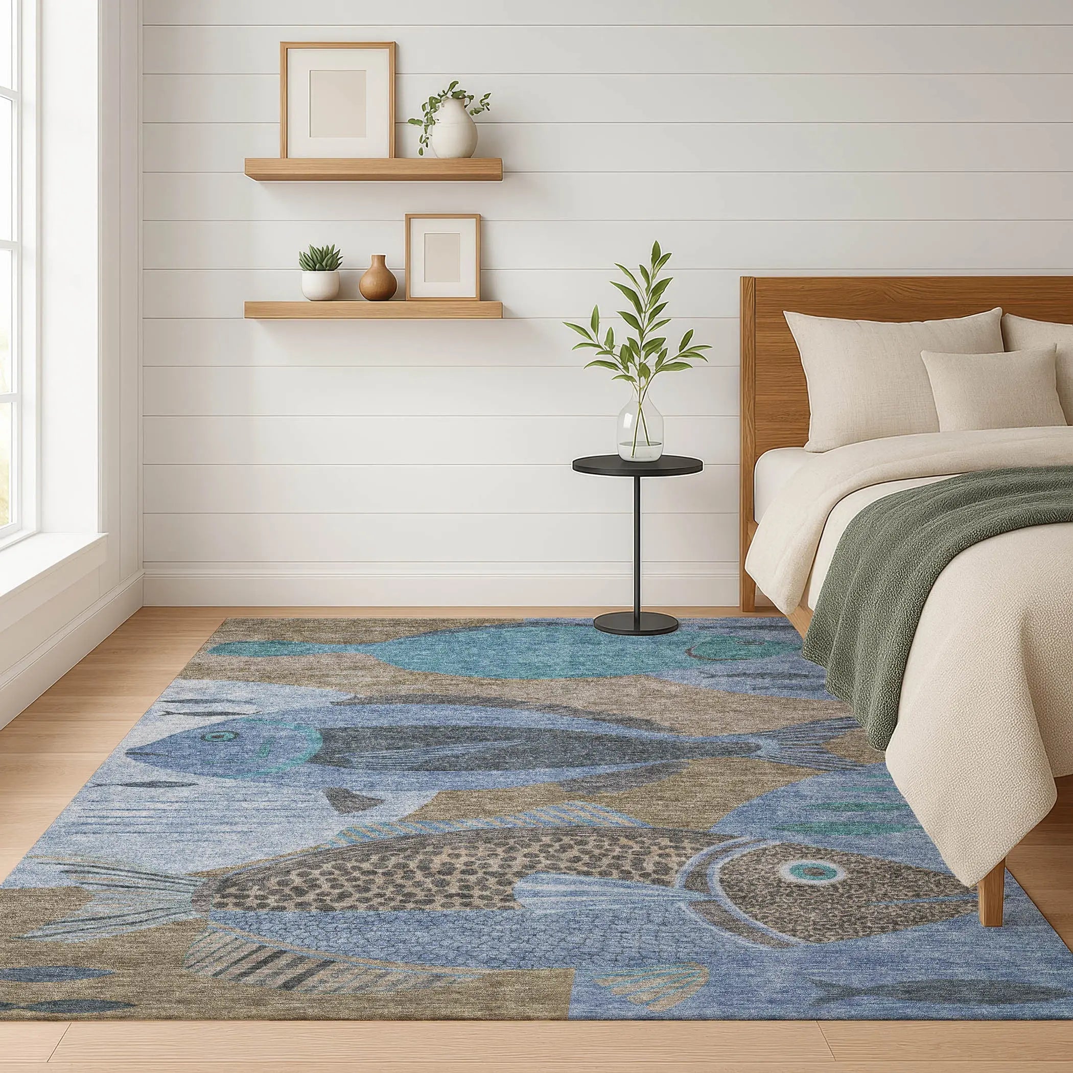 9' X 12' Taupe And Denim Blue Tropical Fish Washable Indoor Outdoor Area Rug Homeroots Outdoor
