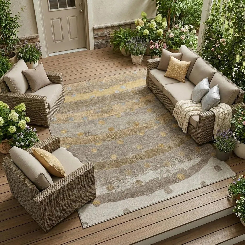 9' X 12' Taupe And Gold Striped Washable Indoor Outdoor Area Rug Homeroots Outdoor