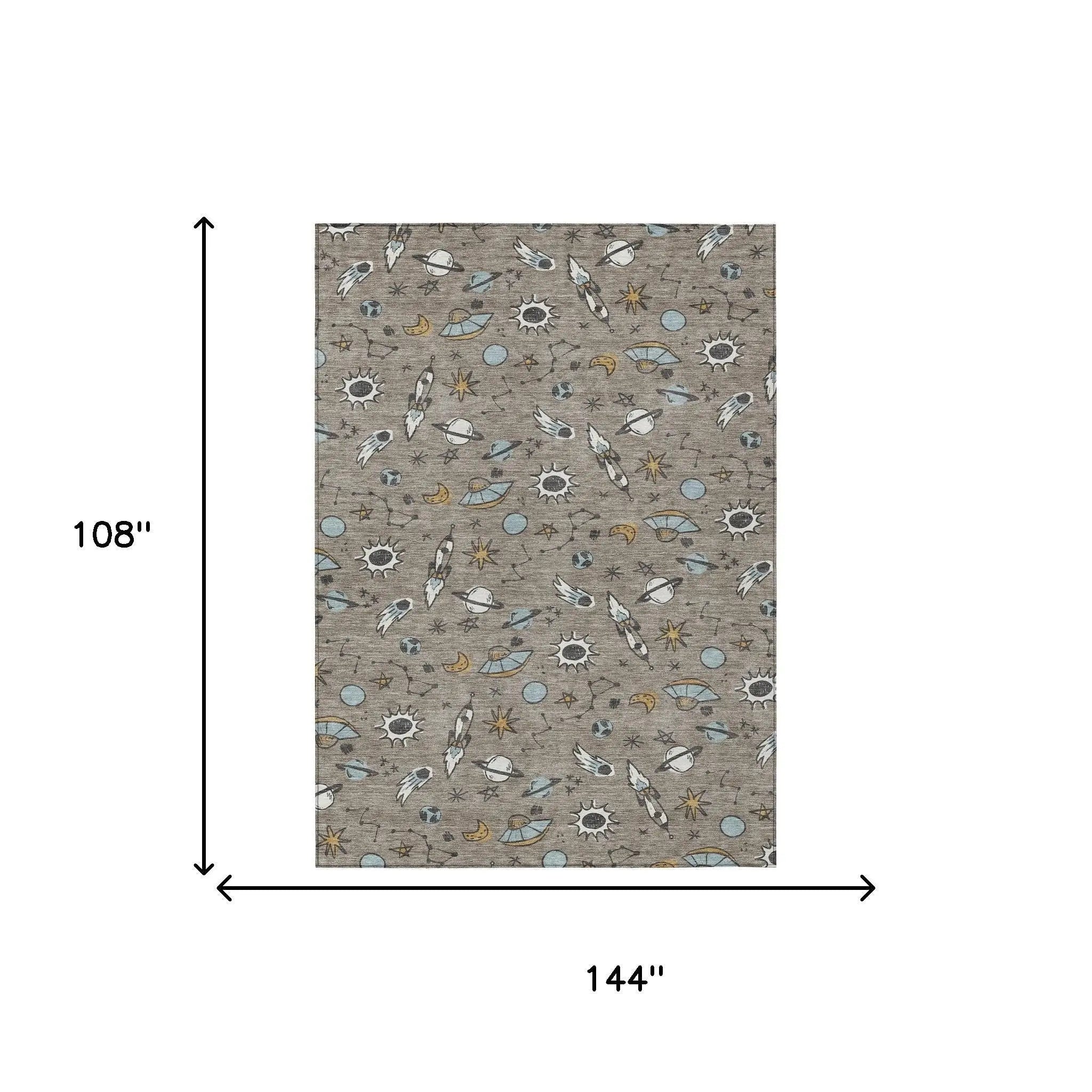 Brown patterned fabric featuring feathers, suns, and clouds in blue and beige, measuring 108" x 144".