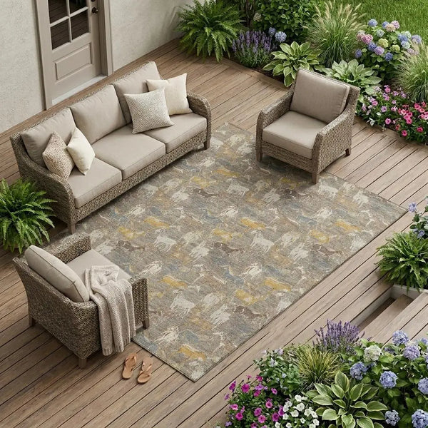 9' X 12' Taupe And Gray Horse Washable Indoor Outdoor Area Rug Homeroots Outdoor