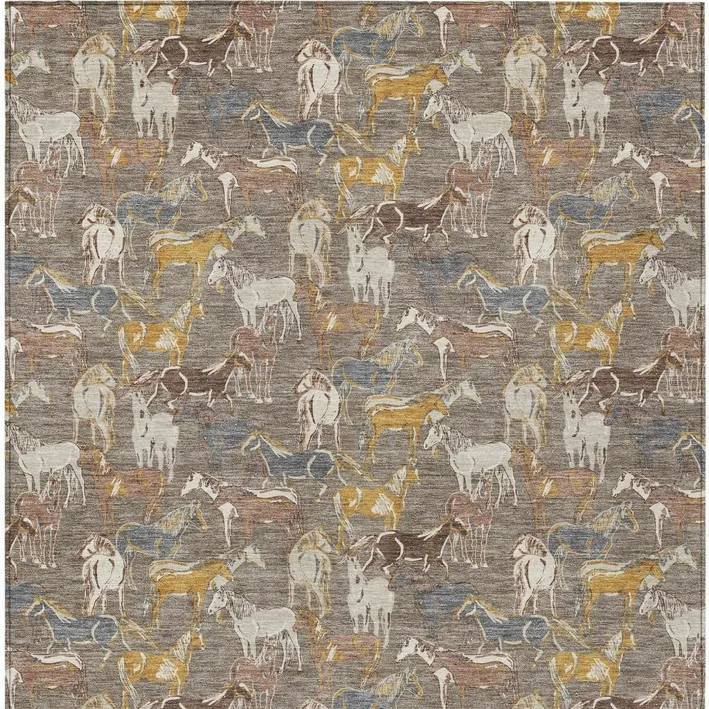 9' X 12' Taupe And Gray Horse Washable Indoor Outdoor Area Rug Homeroots Outdoor