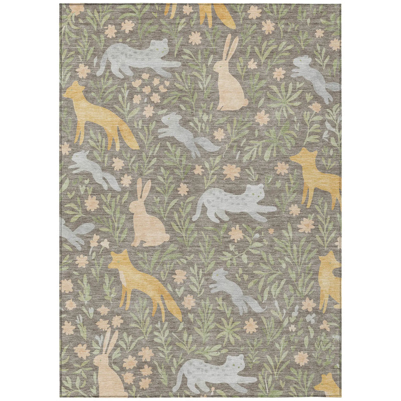 9' X 12' Taupe And Green Forest Animals And Botanical Leaves Washable Area Rug Homeroots Outdoor
