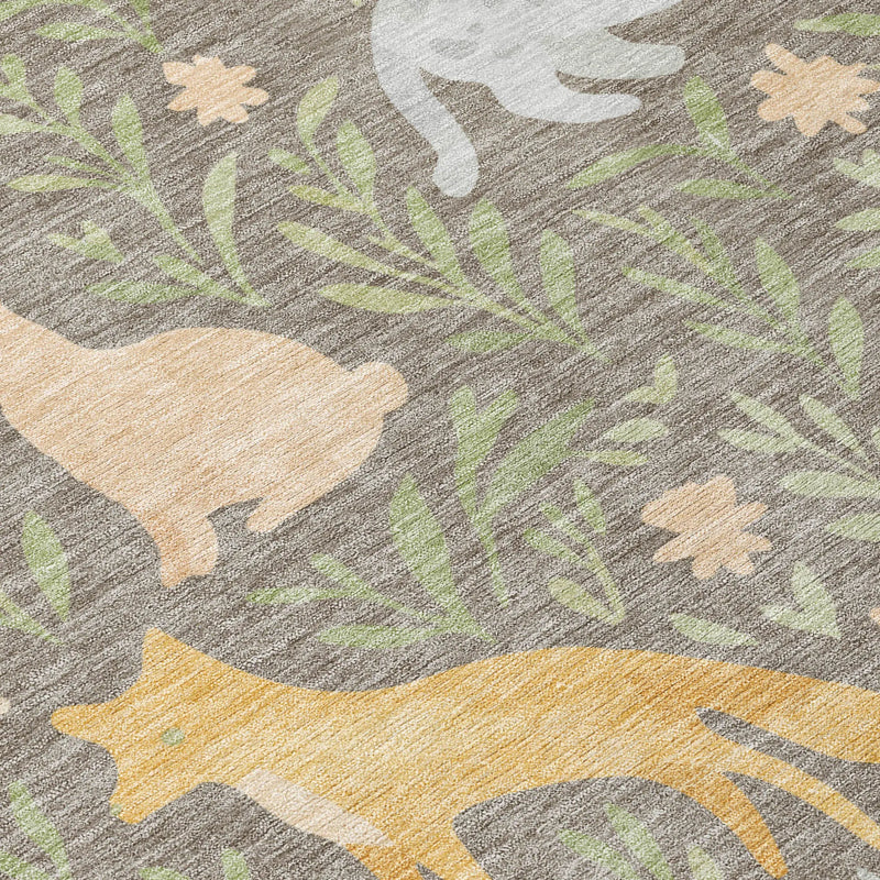 9' X 12' Taupe And Green Forest Animals And Botanical Leaves Washable Area Rug Homeroots Outdoor