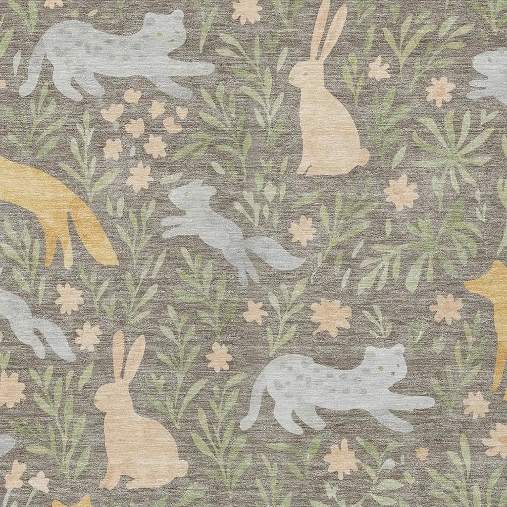 9' X 12' Taupe And Green Forest Animals And Botanical Leaves Washable Area Rug Homeroots Outdoor