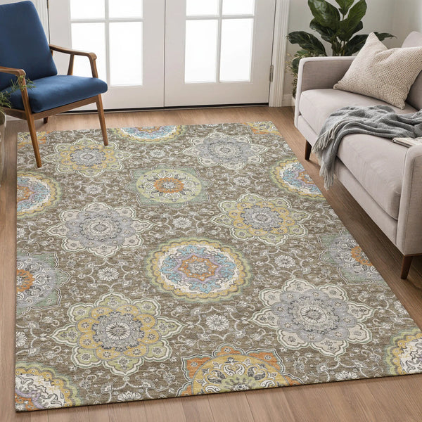 9' X 12' Taupe And Ivory Floral Medallion Washable Indoor Outdoor Area Rug Homeroots Outdoor