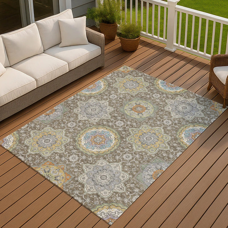 9' X 12' Taupe And Ivory Floral Medallion Washable Indoor Outdoor Area Rug Homeroots Outdoor