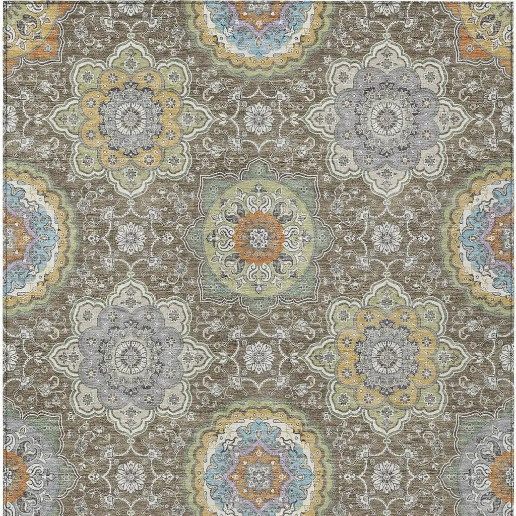 9' X 12' Taupe And Ivory Floral Medallion Washable Indoor Outdoor Area Rug Homeroots Outdoor