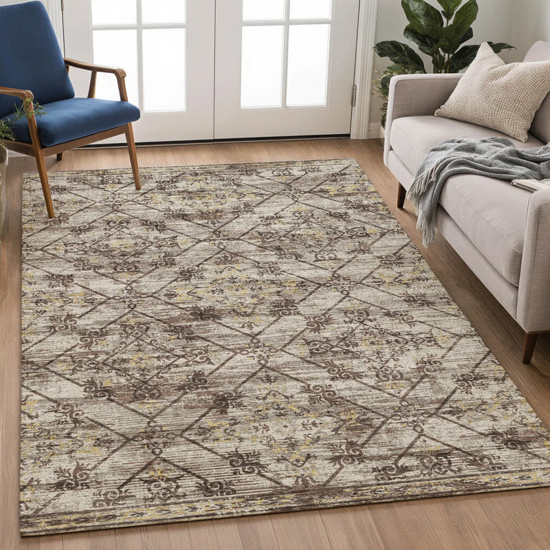 9' X 12' Taupe And Ivory Geometric Washable Indoor Outdoor Area Rug Homeroots Outdoor