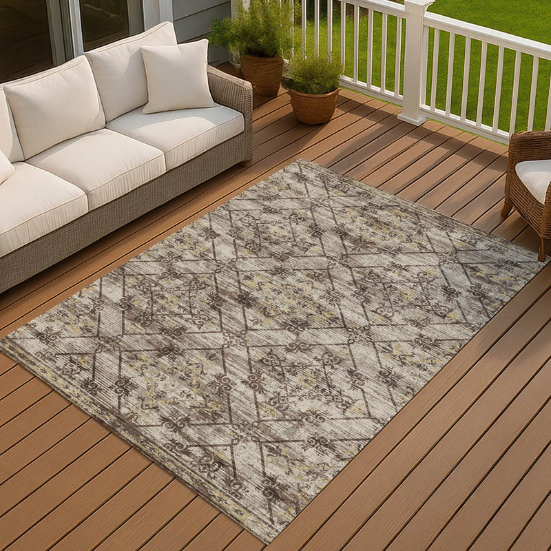 9' X 12' Taupe And Ivory Geometric Washable Indoor Outdoor Area Rug Homeroots Outdoor