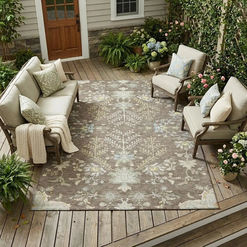 9' X 12' Taupe And Ivory Oriental Washable Indoor Outdoor Area Rug Homeroots Outdoor