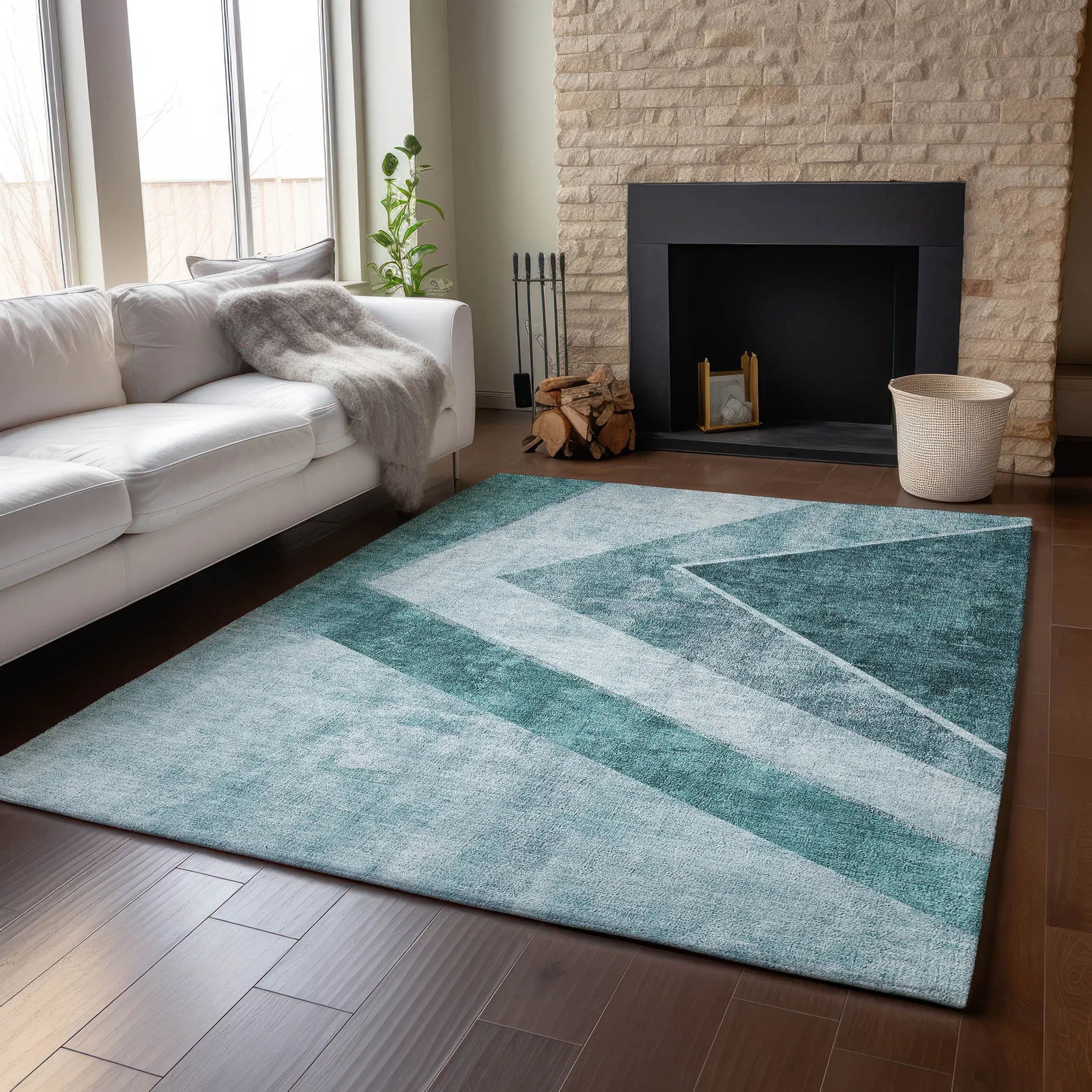 9' X 12' Teal And Ivory Geometric Washable Area Rug With UV Protection Homeroots Home Decor