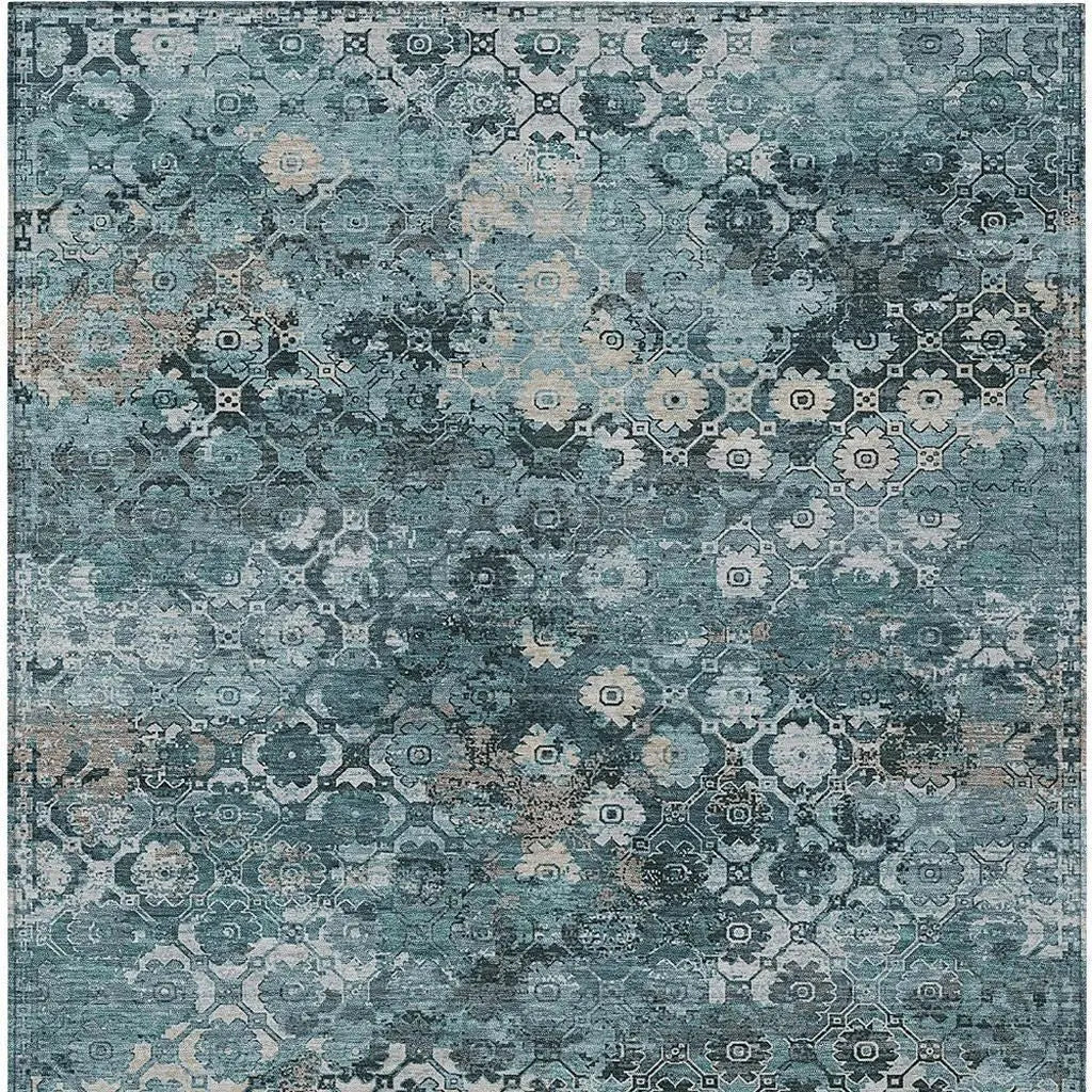 9' X 12' Teal Blue And Aqua Abstract Washable Indoor Outdoor Area Rug Homeroots Outdoor