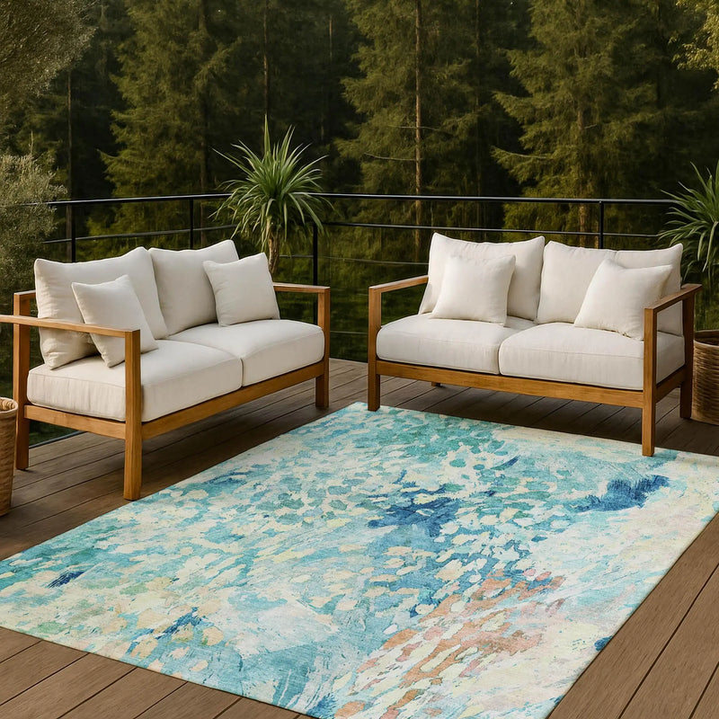 9' X 12' Teal Blue And Aqua Abstract Washable Indoor Outdoor Area Rug Homeroots Outdoor