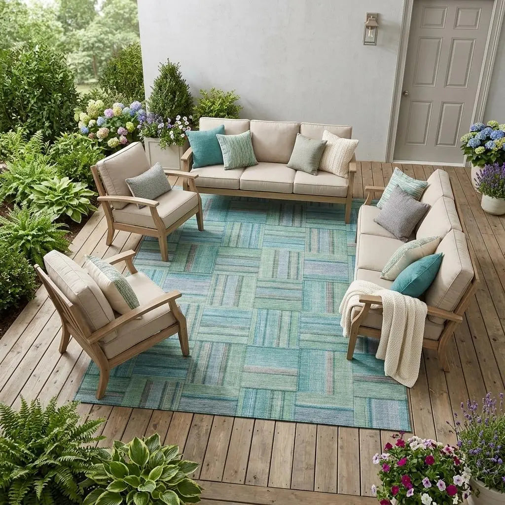 9' X 12' Teal Blue And Aqua Geometric Washable Indoor Outdoor Area Rug Homeroots Outdoor