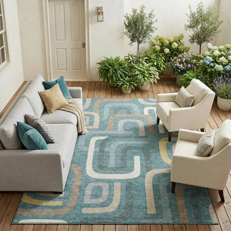 9' X 12' Teal Blue And Aqua Geometric Washable Indoor Outdoor Area Rug Homeroots Outdoor