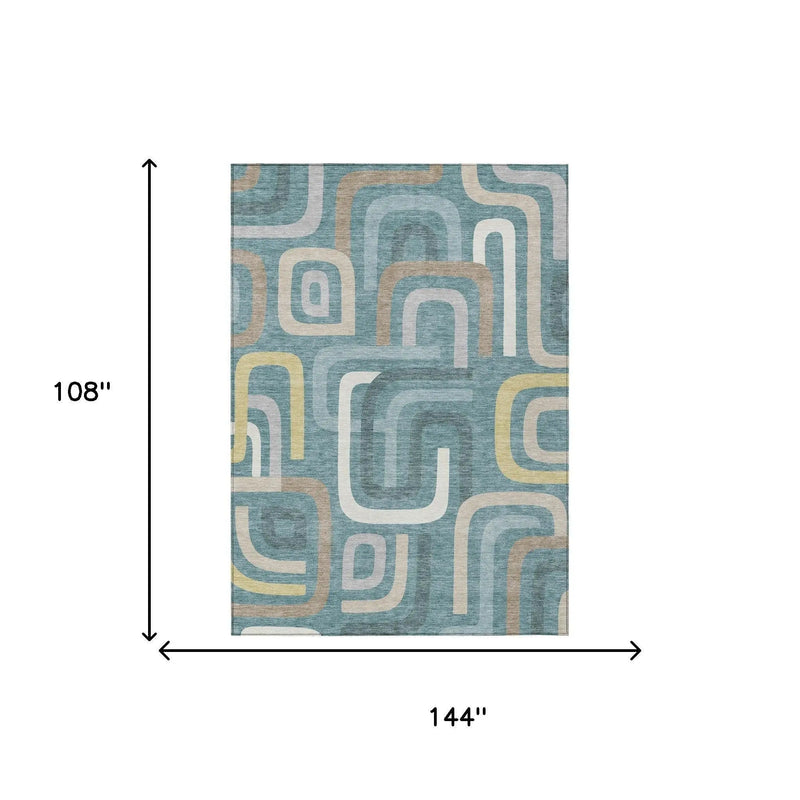 9' X 12' Teal Blue And Aqua Geometric Washable Indoor Outdoor Area Rug Homeroots Outdoor