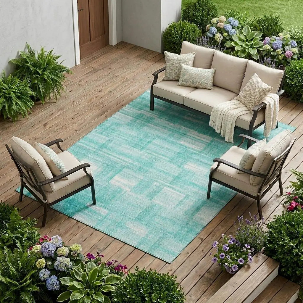 9' X 12' Teal Blue And Aqua Striped Washable Indoor Outdoor Area Rug Homeroots Outdoor