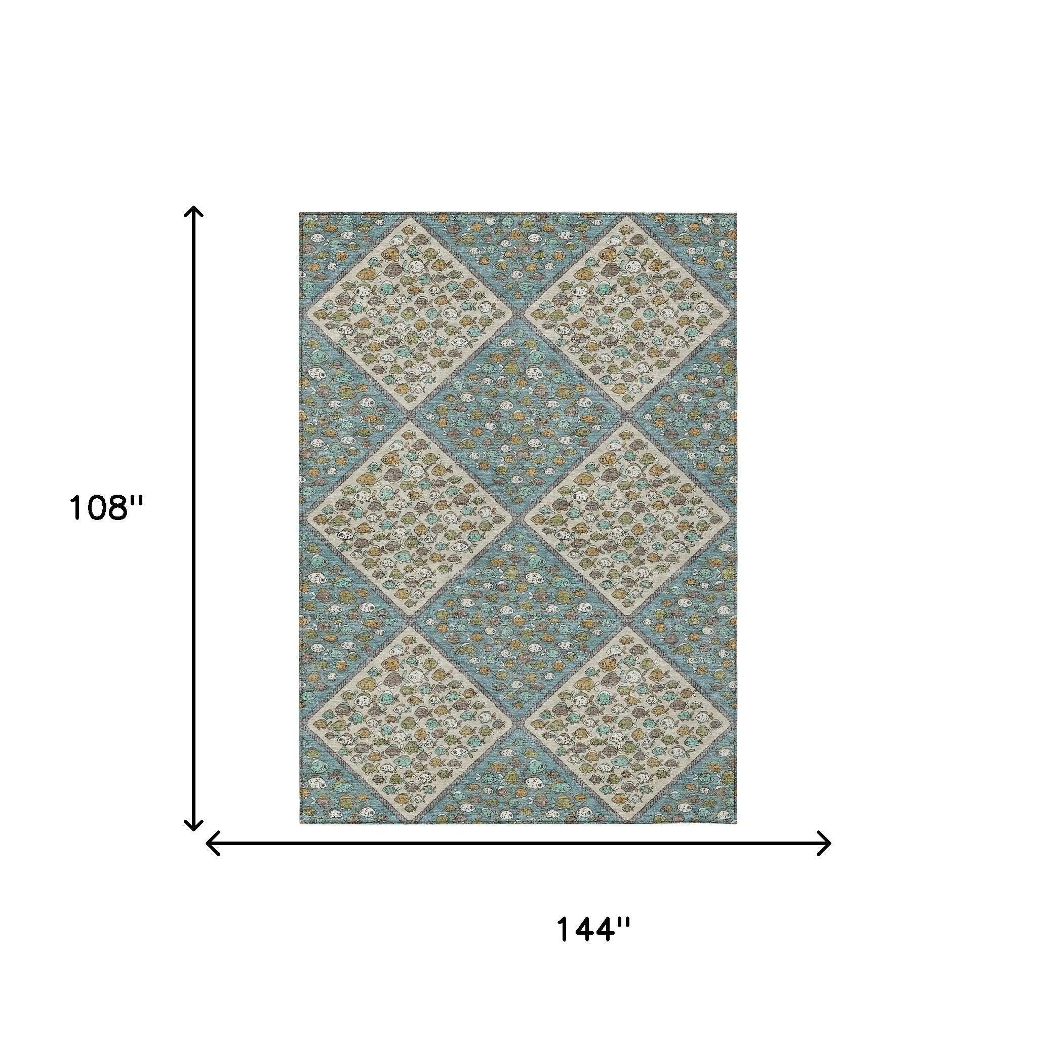 9' X 12' Teal Blue And Beige Abstract Washable Indoor Outdoor Area Rug Homeroots Outdoor