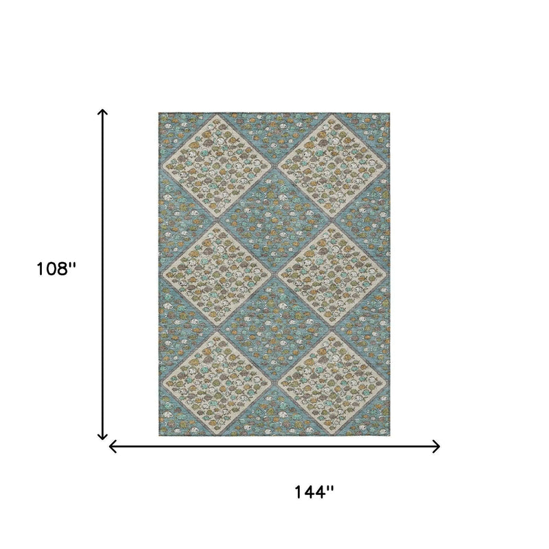 9' X 12' Teal Blue And Beige Abstract Washable Indoor Outdoor Area Rug Homeroots Outdoor