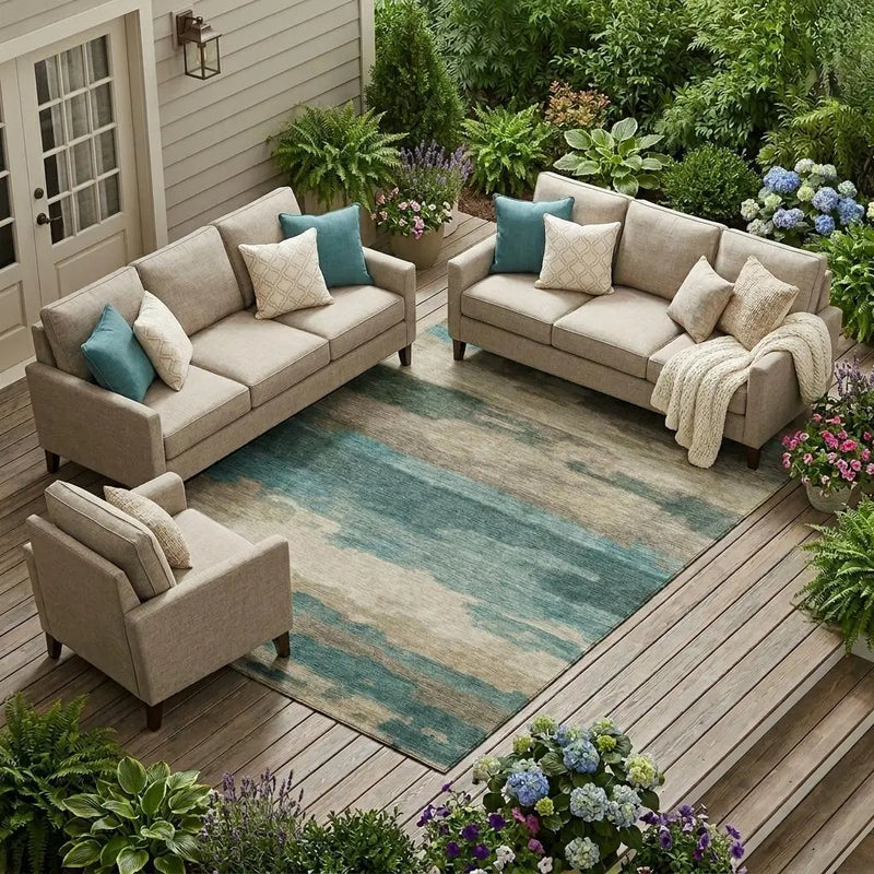 9' X 12' Teal Blue And Beige Abstract Washable Indoor Outdoor Area Rug Homeroots Outdoor