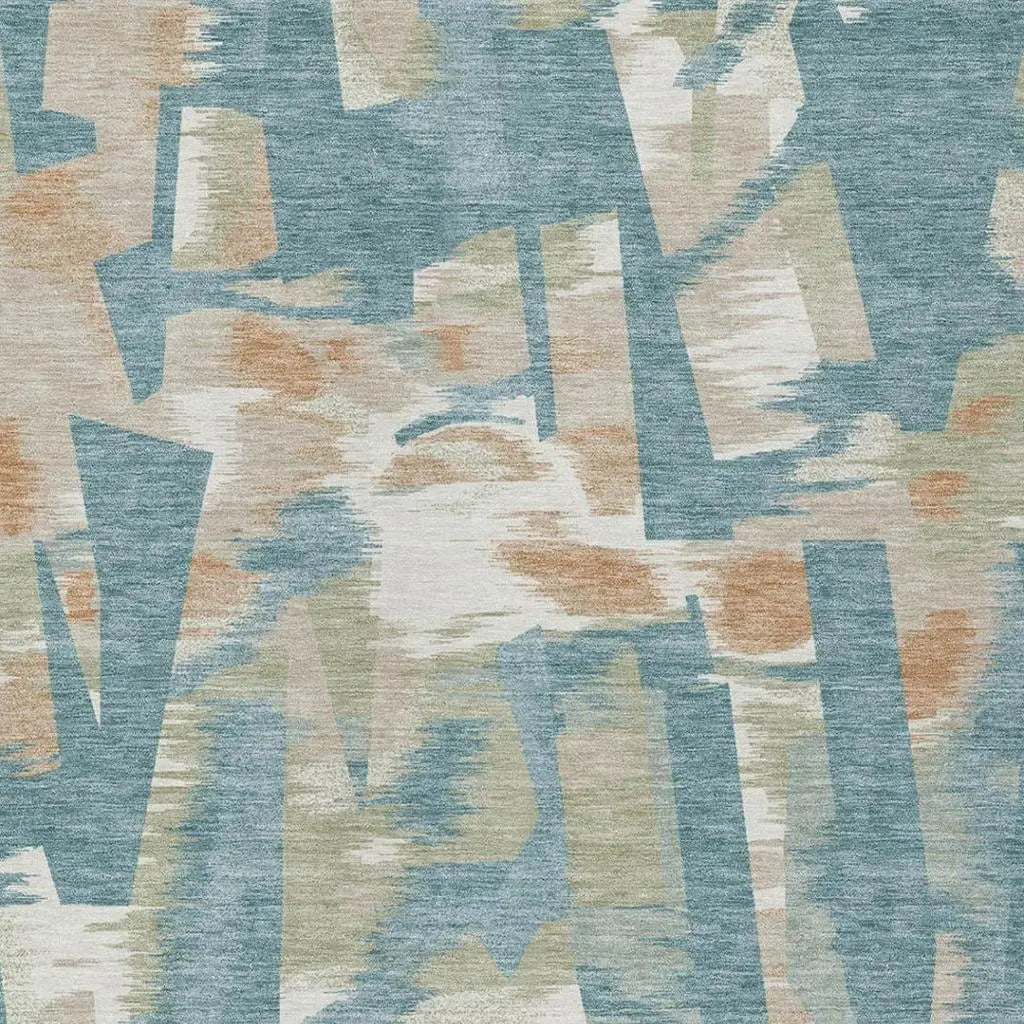 9' X 12' Teal Blue And Beige Abstract Washable Indoor Outdoor Area Rug Homeroots Outdoor