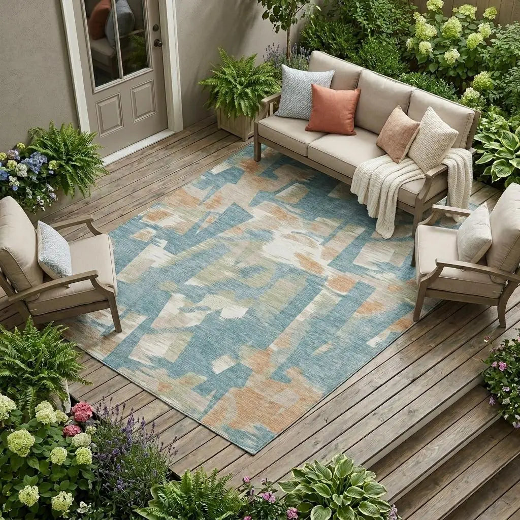 9' X 12' Teal Blue And Beige Abstract Washable Indoor Outdoor Area Rug Homeroots Outdoor