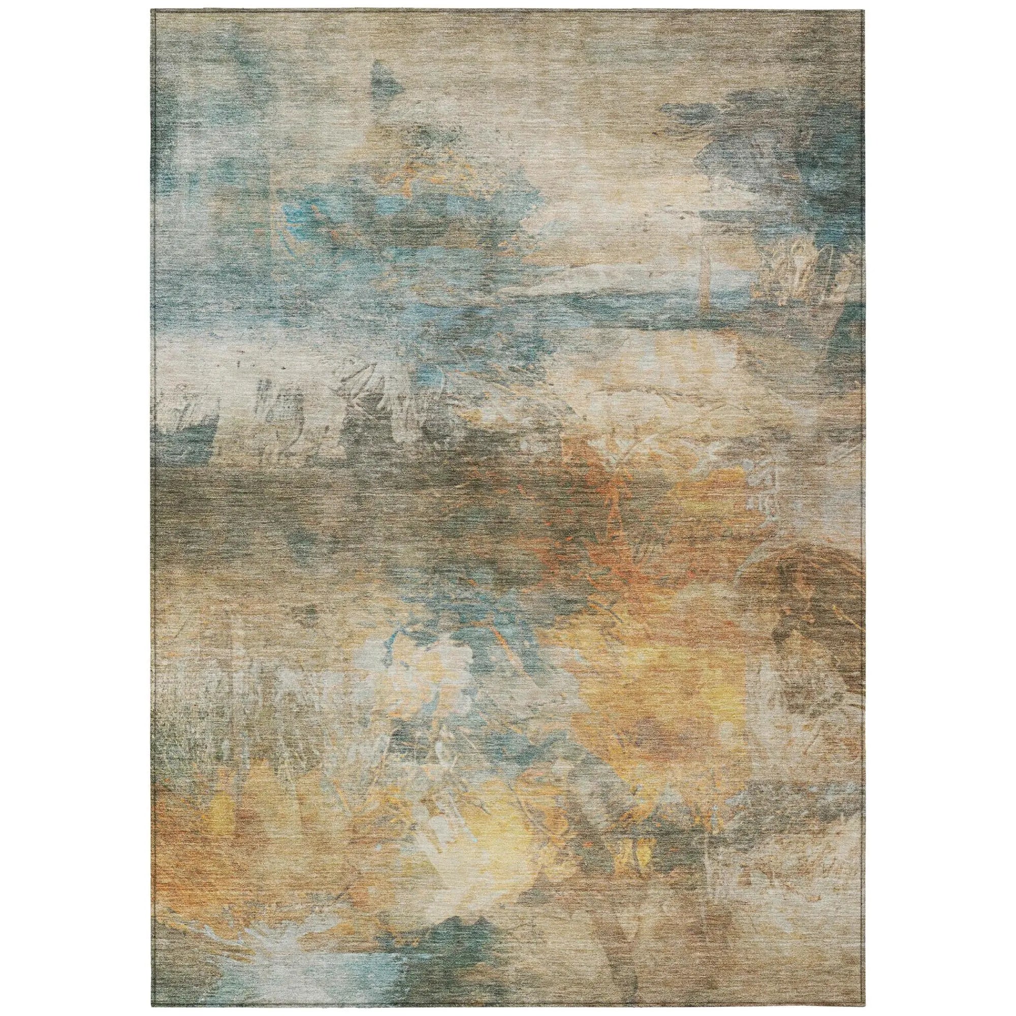 9' X 12' Teal Blue And Beige Abstract Washable Indoor Outdoor Area Rug Homeroots Outdoor
