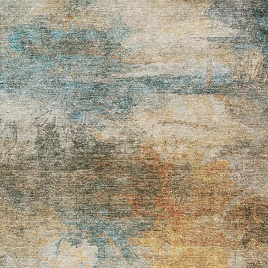 9' X 12' Teal Blue And Beige Abstract Washable Indoor Outdoor Area Rug Homeroots Outdoor