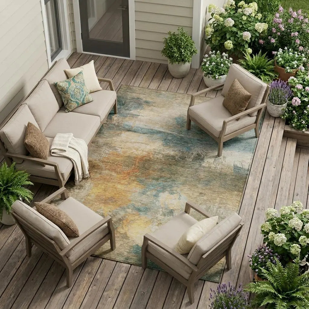 9' X 12' Teal Blue And Beige Abstract Washable Indoor Outdoor Area Rug Homeroots Outdoor