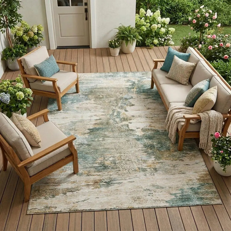 9' X 12' Teal Blue And Beige Abstract Washable Indoor Outdoor Area Rug Homeroots Outdoor