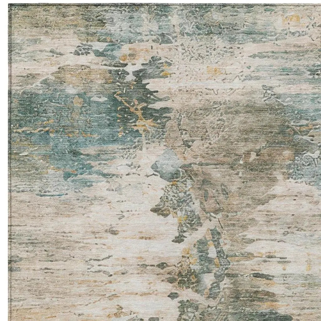 9' X 12' Teal Blue And Beige Abstract Washable Indoor Outdoor Area Rug Homeroots Outdoor