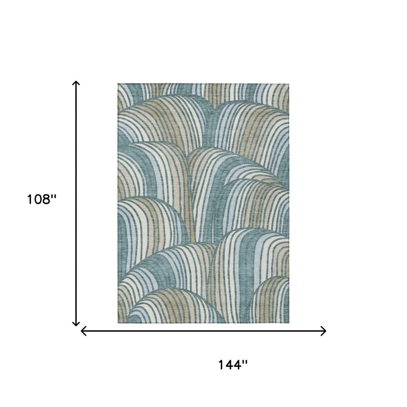 9' X 12' Teal Blue And Beige Abstract Washable Indoor Outdoor Area Rug Homeroots Outdoor