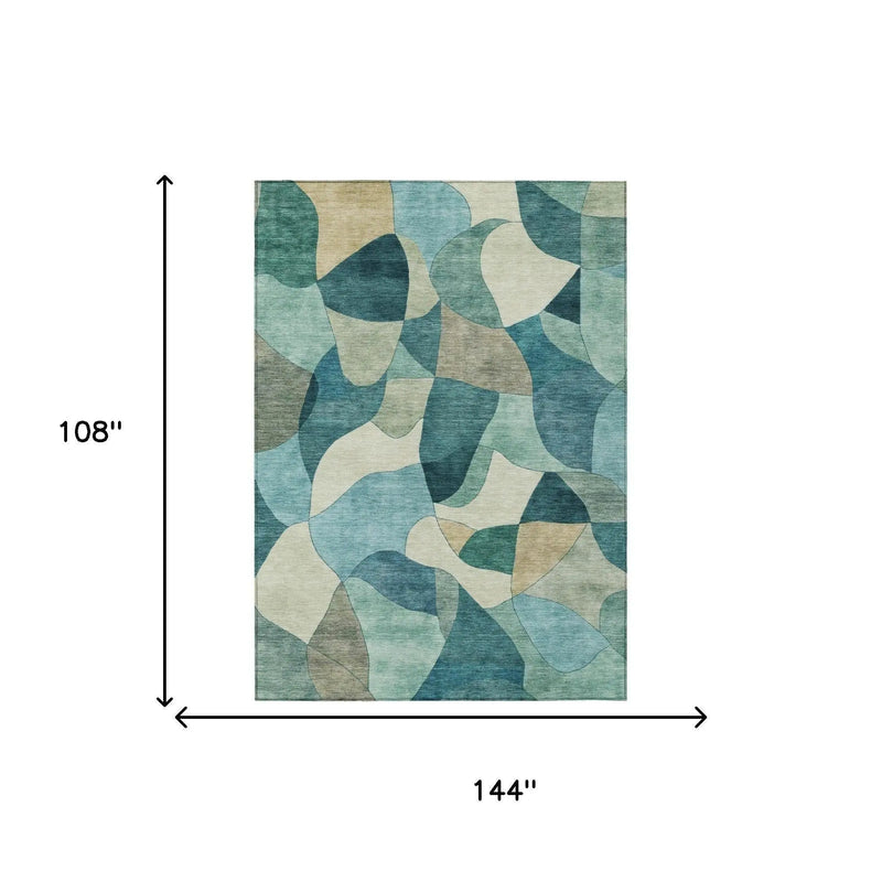 9' X 12' Teal Blue And Beige Abstract Washable Indoor Outdoor Area Rug Homeroots Outdoor