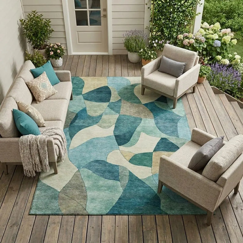 9' X 12' Teal Blue And Beige Abstract Washable Indoor Outdoor Area Rug Homeroots Outdoor