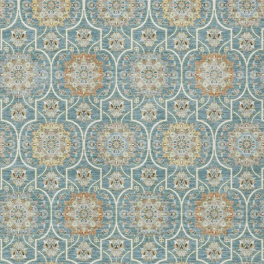 9' X 12' Teal Blue And Beige Floral Medallion Washable Indoor Outdoor Area Rug Homeroots Outdoor