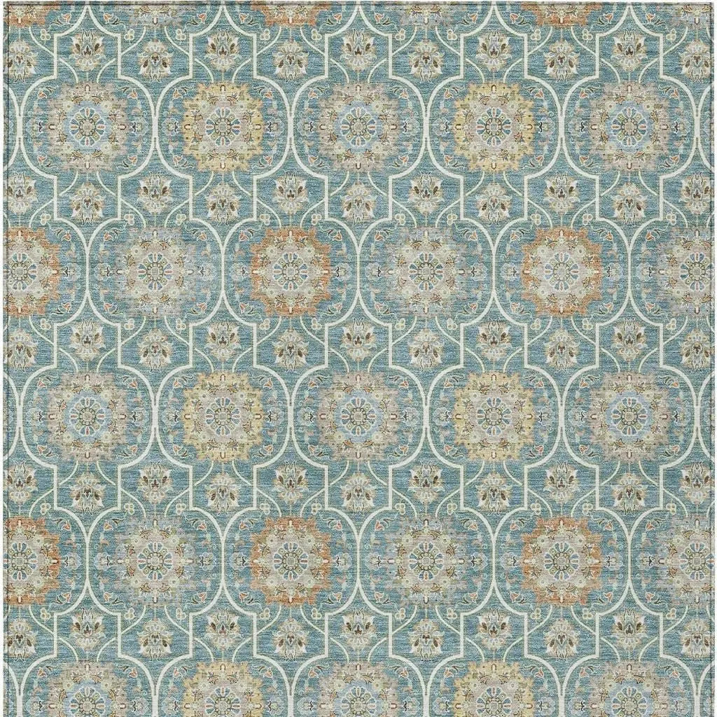 9' X 12' Teal Blue And Beige Floral Medallion Washable Indoor Outdoor Area Rug Homeroots Outdoor