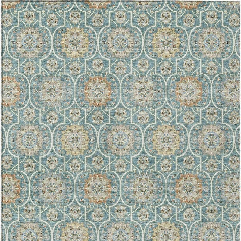 9' X 12' Teal Blue And Beige Floral Medallion Washable Indoor Outdoor Area Rug Homeroots Outdoor