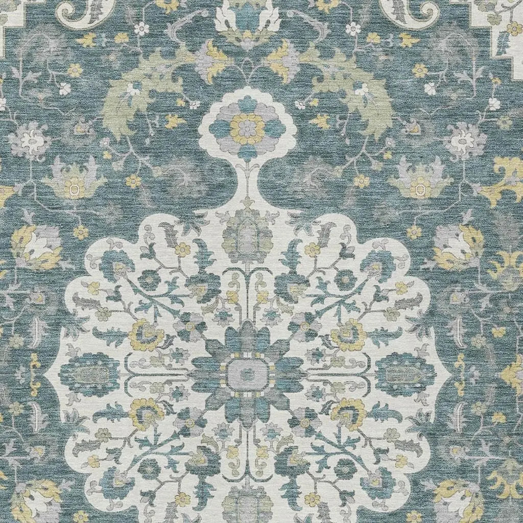 9' X 12' Teal Blue And Beige Floral Medallion Washable Indoor Outdoor Area Rug Homeroots Outdoor